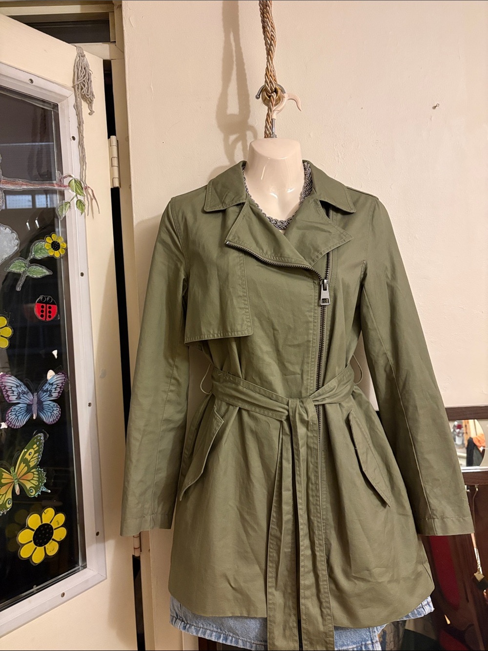 Zara Olive Green Belted Trench Coat. Cotton